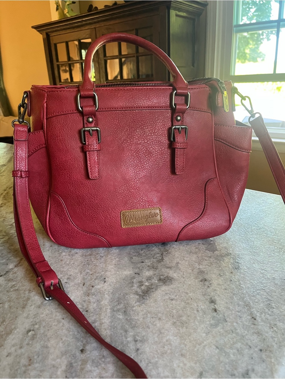 Wrangler Red Pebbled Leather Shoulder Bag with Detachable Strap